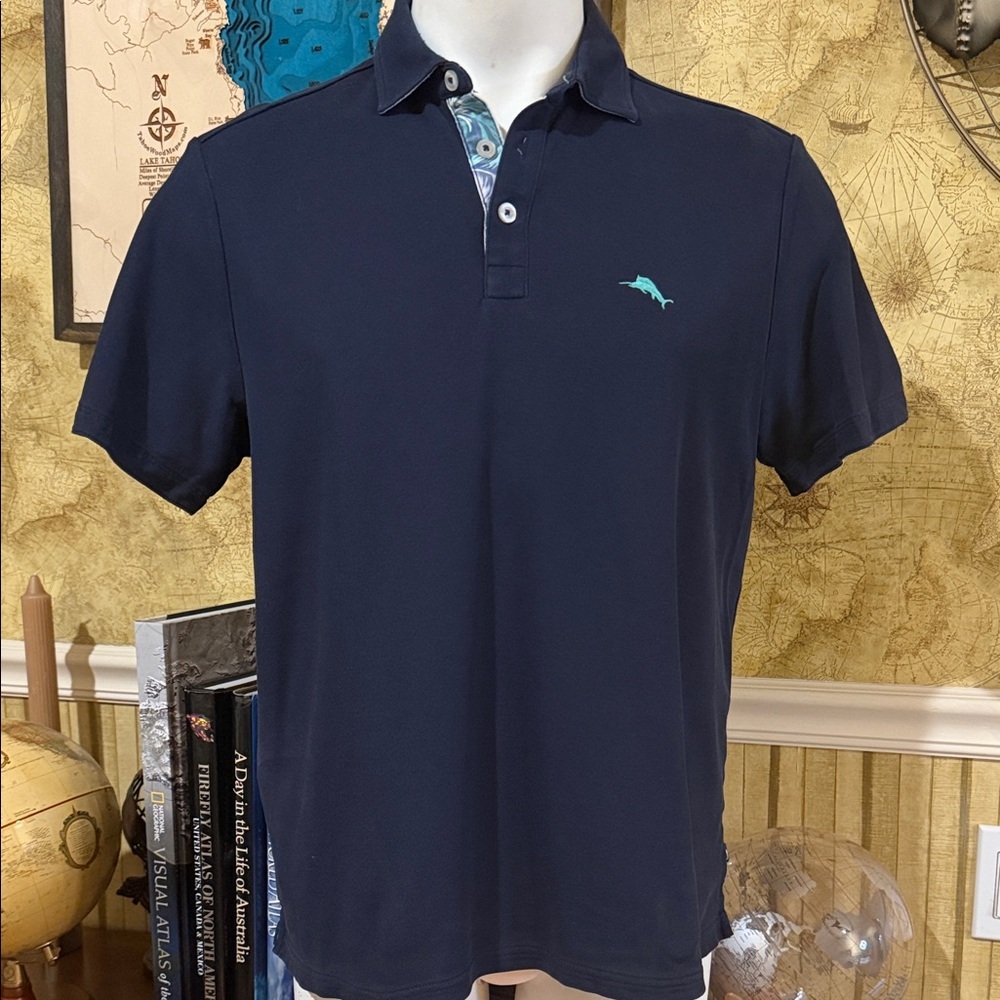 Tommy Bahama Navy Polo with Teal Logo. Medium